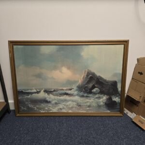 Large Vintage Coastal Seascape Oil Painting – Crashing Waves & Rock Arch Framed Wall Art