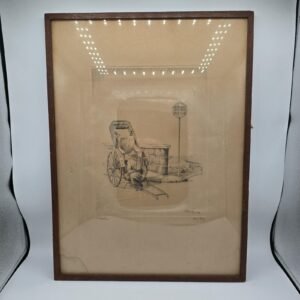 Original 1934 Hong Kong Rickshaw Pencil Drawing – Signed Sit Poi Colonial Framed Art